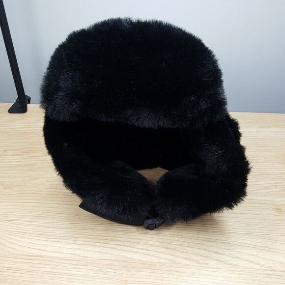 SCALA Trapper Hat Mens Large Black Faux Leather Faux Fur Ear Flaps Lined Winter - Picture 2 of 9